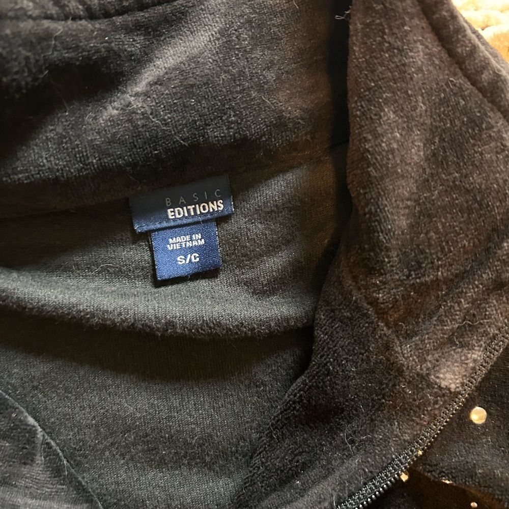 Basic Editions Black Rhinestone Velour Zip Up Jacket - Picture 3 of 5